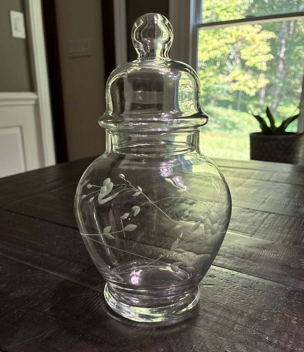 Princess House Heritage Etched Floral Glass Ginger Jar With Lid